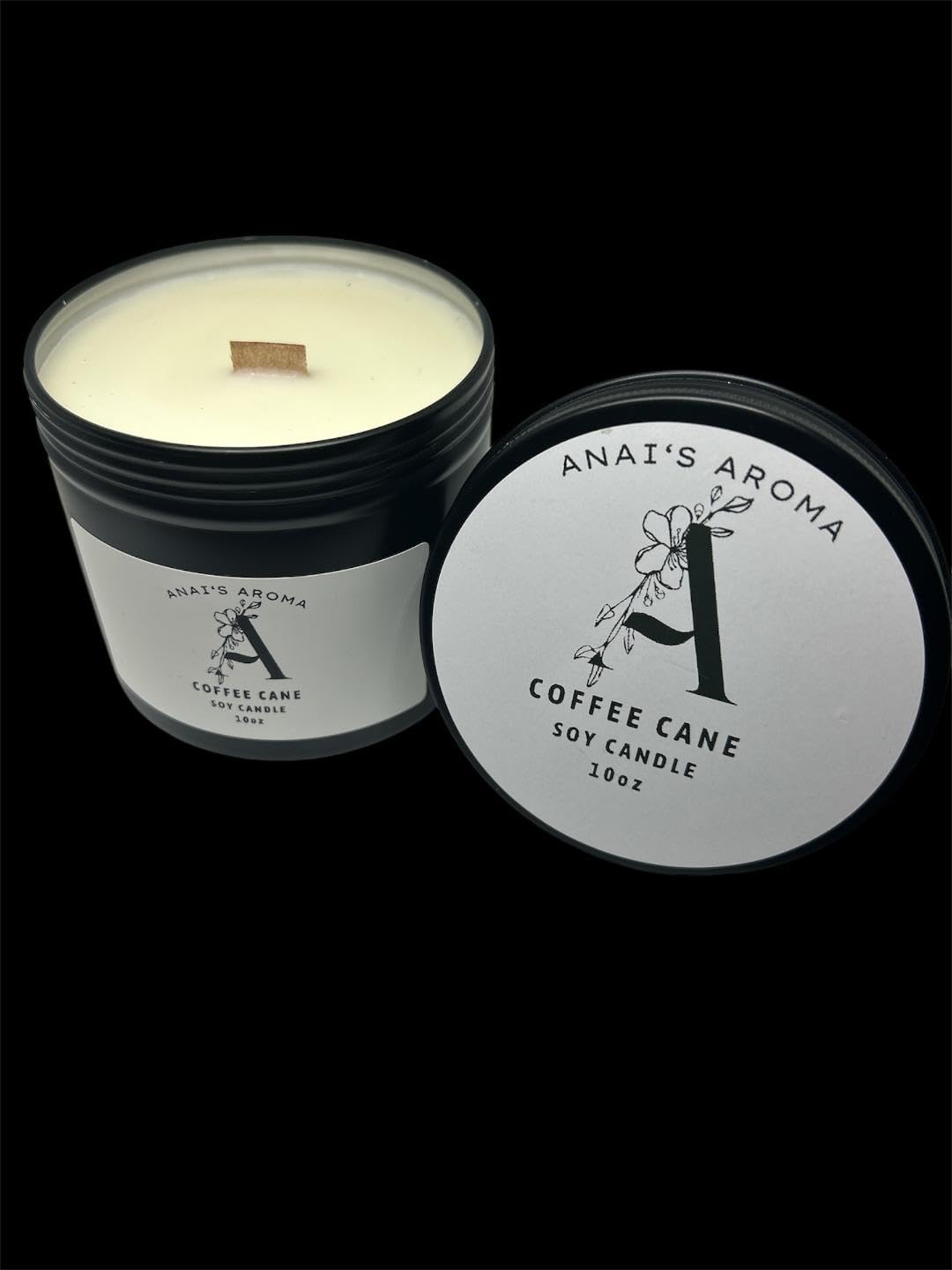 ANAI'S AROMA COFFEE CANE 10oz Soy Candle, Wooden Wick, Elegant Black Travel Tin Jar, Highly Scented Soy Candle, Luxury Home Fragrance, Slow Burn