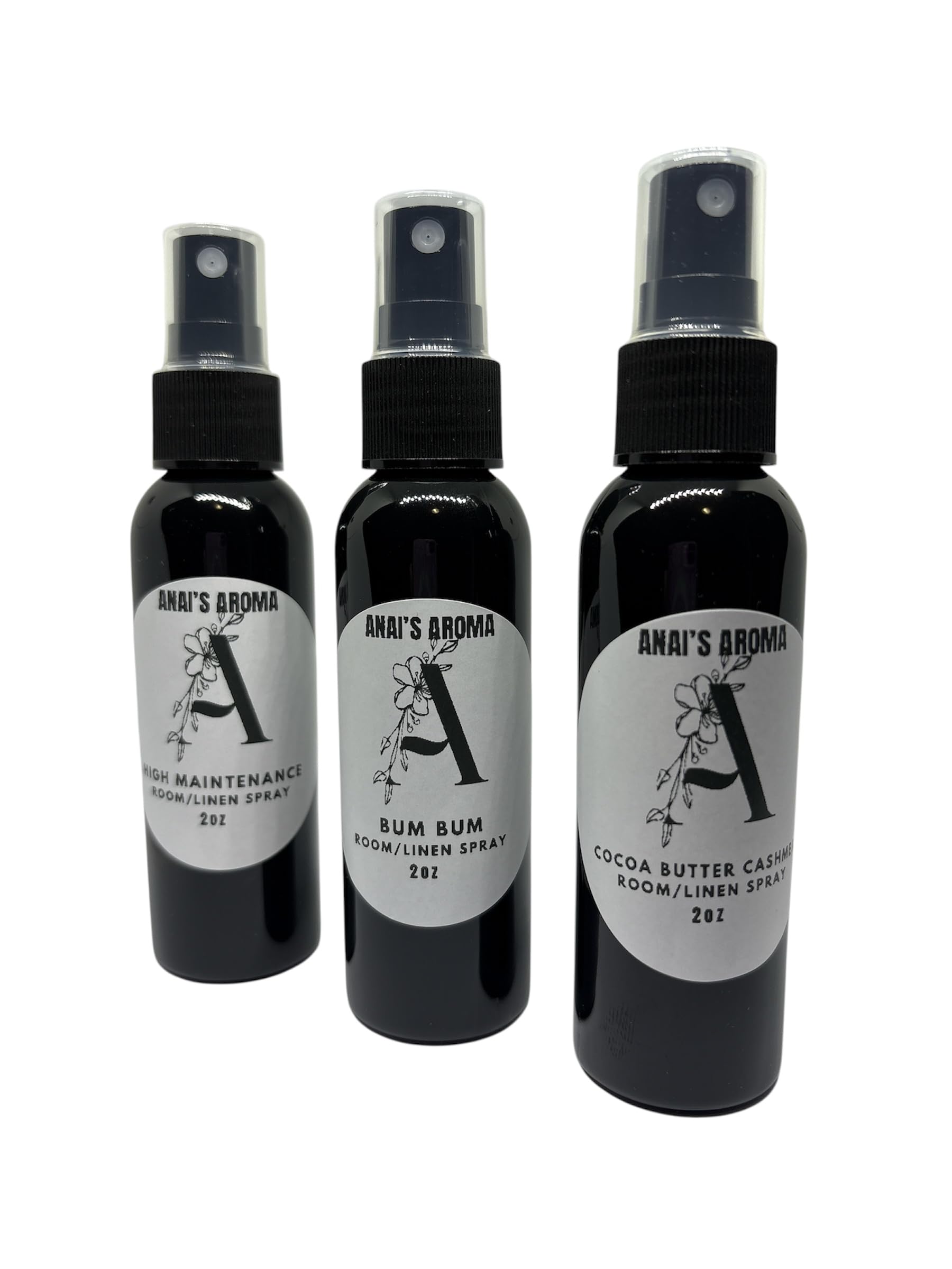 Anai's Aroma Room and Linen Spray Set, 2oz Bottles, High Maintenance, Bum Bum, Cocoa Butter Cashmere, 3-Pack