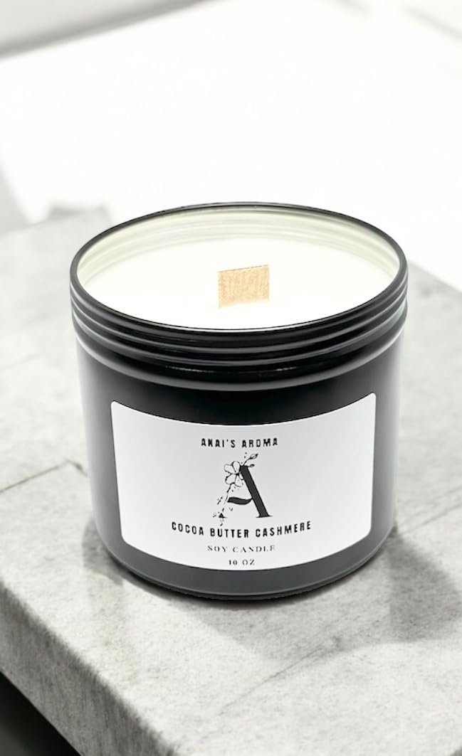 ANAI'S AROMA COCOA BUTTER CASHMERE 10oz Highly Scented Soy Blend Candle, Wooden Wick, Elegant Black Travel Tin Jar, Bold, Highly Scented Candle, Luxury Home Fragrance, Slow Long Lasting Clean Burn