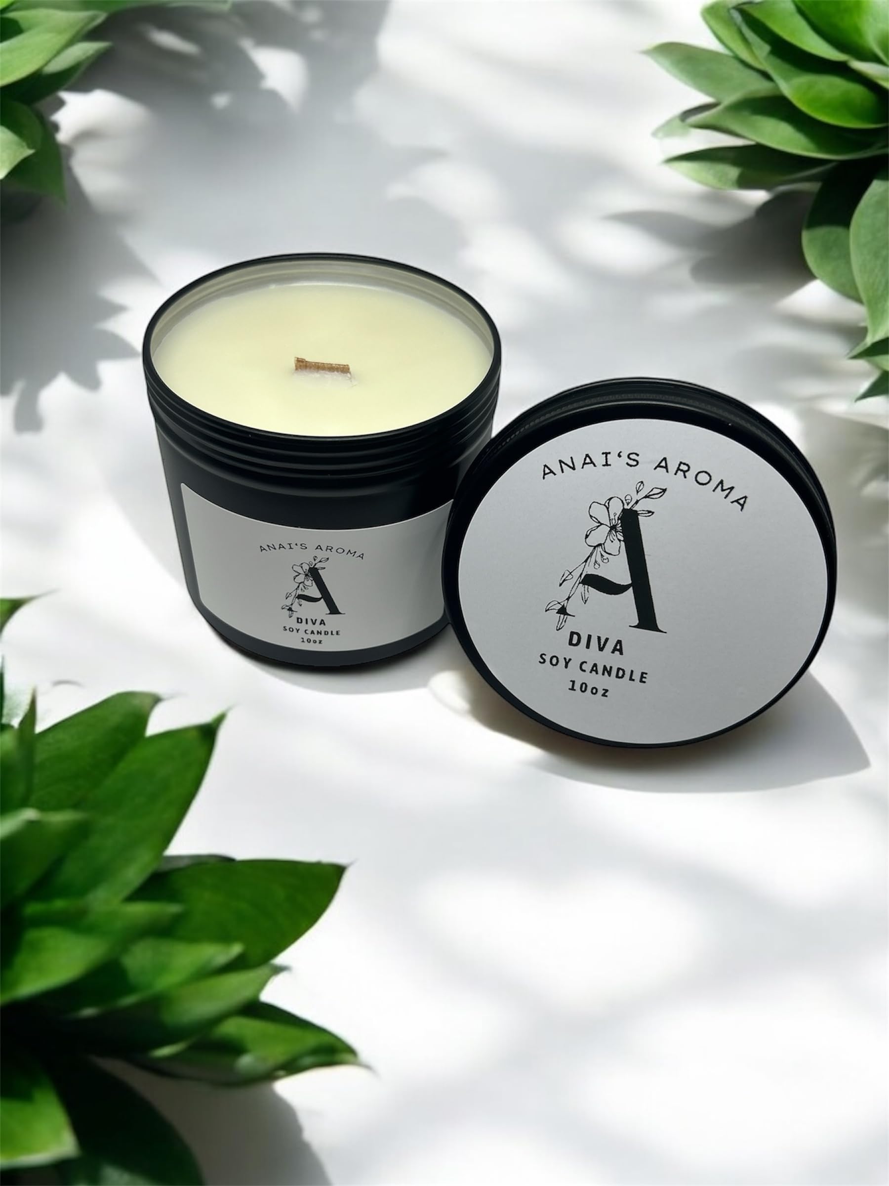 ANAI'S AROMA Diva Scented Candle 10 oz Soy Wax Premium Scent Long Lasting, Odor Eliminating Candle Wood Wick Crackling Wood Candle in Black Metal Tin Jar