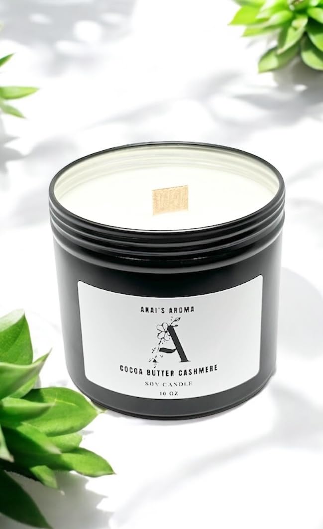 ANAI'S AROMA COCOA BUTTER CASHMERE 10oz Highly Scented Soy Blend Candle, Wooden Wick, Elegant Black Travel Tin Jar, Bold, Highly Scented Candle, Luxury Home Fragrance, Slow Long Lasting Clean Burn