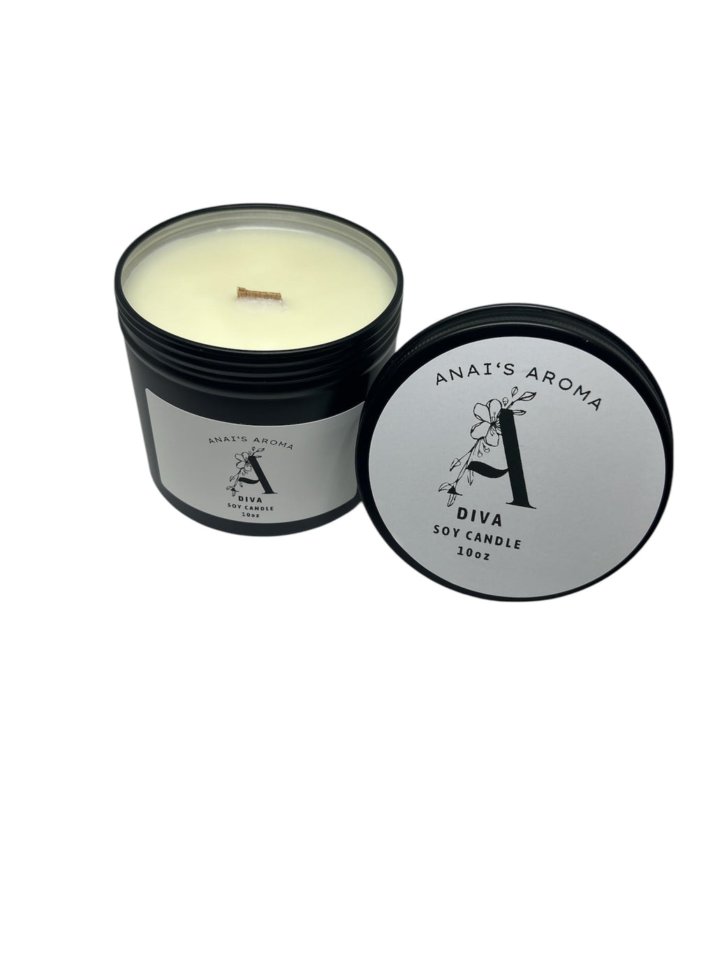 ANAI'S AROMA Diva Scented Candle 10 oz Soy Wax Premium Scent Long Lasting, Odor Eliminating Candle Wood Wick Crackling Wood Candle in Black Metal Tin Jar