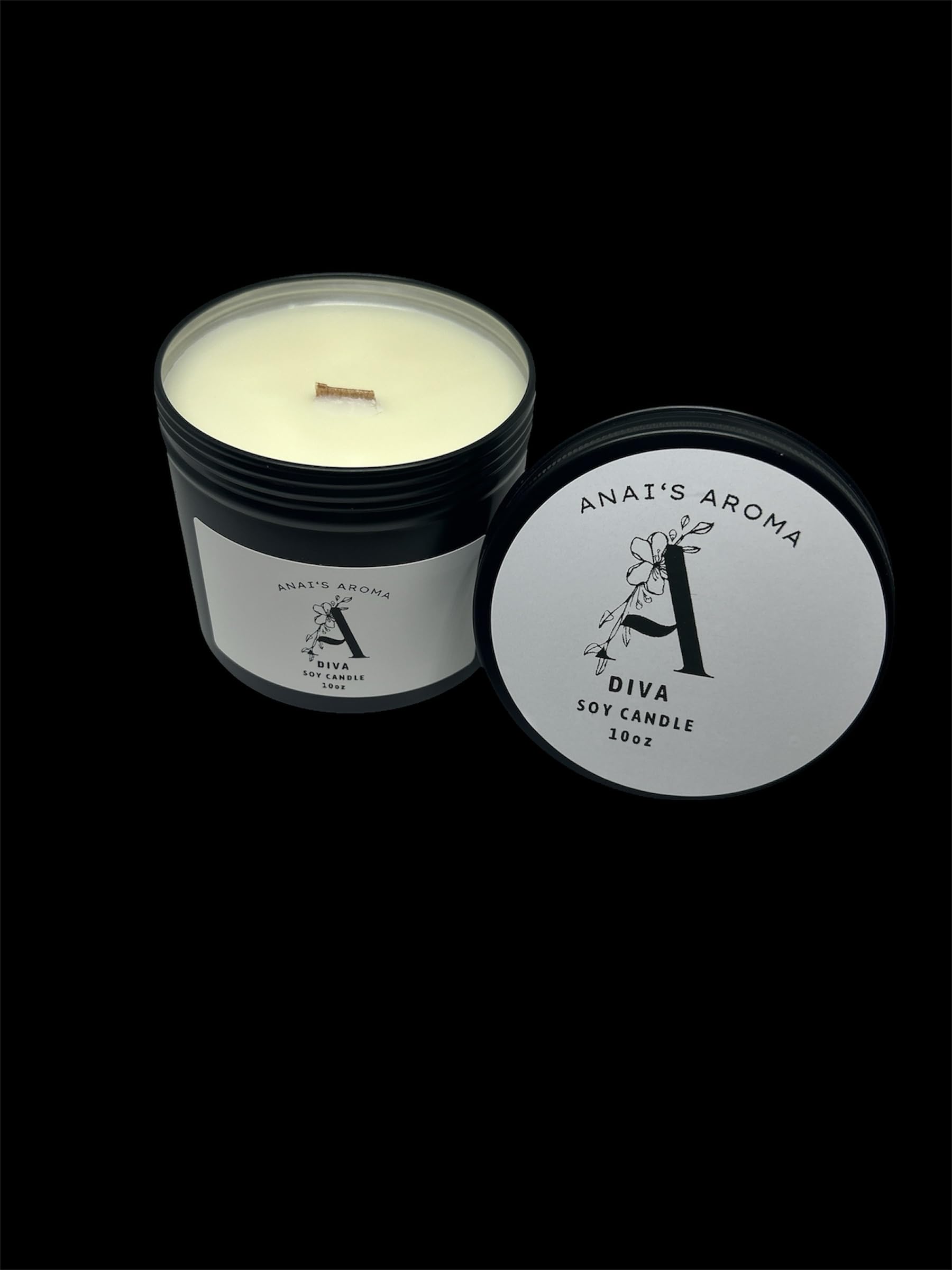 ANAI'S AROMA Diva Scented Candle 10 oz Soy Wax Premium Scent Long Lasting, Odor Eliminating Candle Wood Wick Crackling Wood Candle in Black Metal Tin Jar
