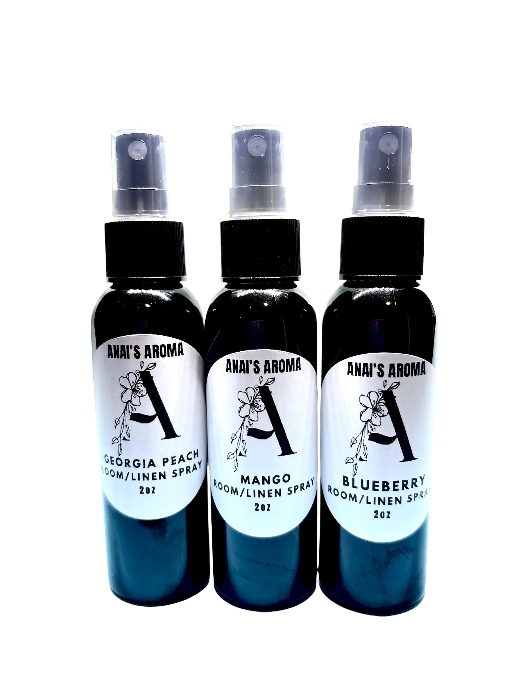 Anai's Aroma (3pack) 2oz Variety Holiday Scents, Georgia Peach, Mango, Blueberry Room/Linen Spray, Long Lasting Scent, Air Freshener, Refresh Fabric, Car, Restroom, Bedding, Travel Size