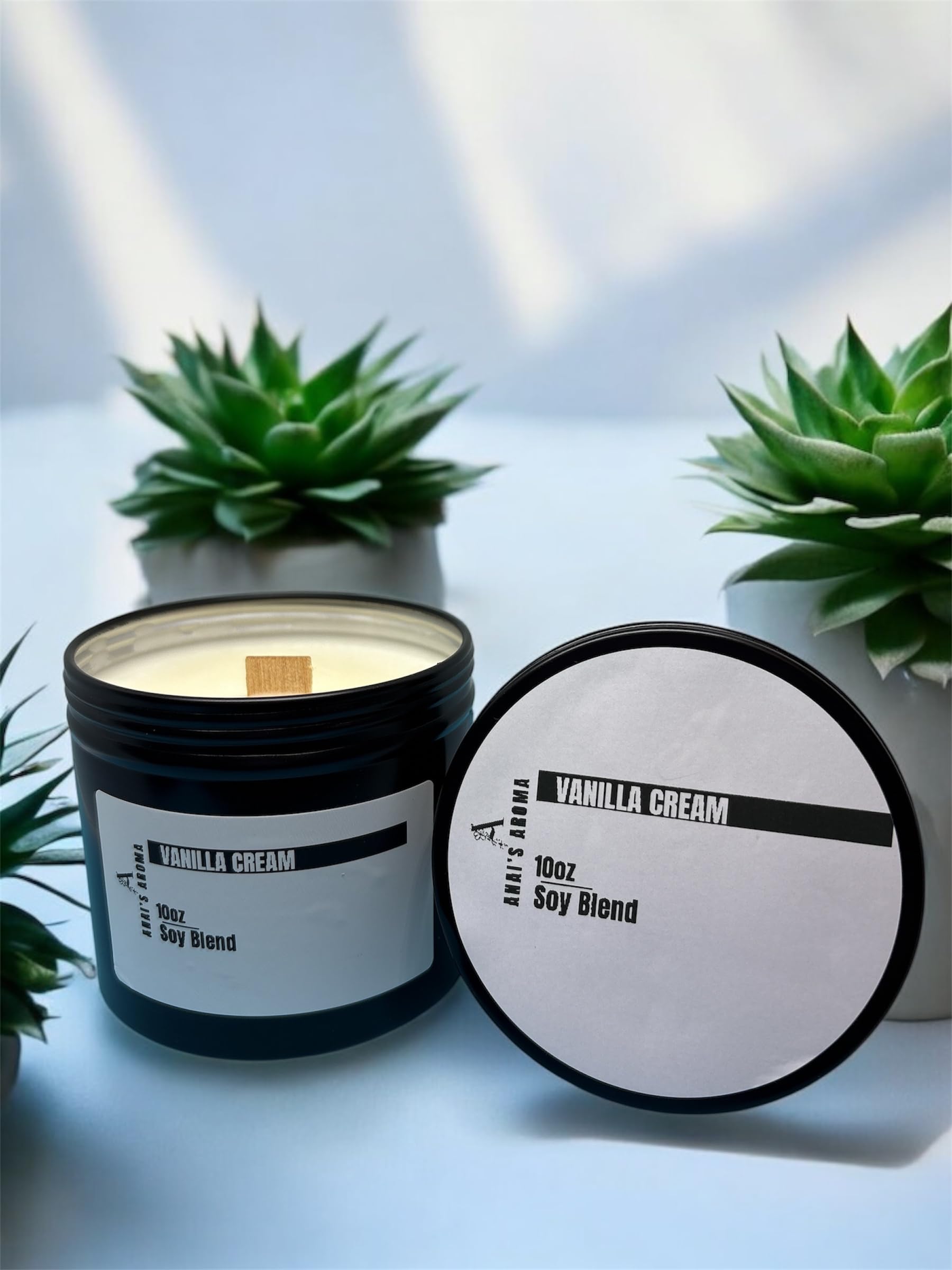 Anai's Aroma Vanilla Cream 10oz Soy Blend Candle Wooden Wick, Elegant Black Travel Tin Jar, Highly Scented Luxury Home Fragrance, Slow Burn