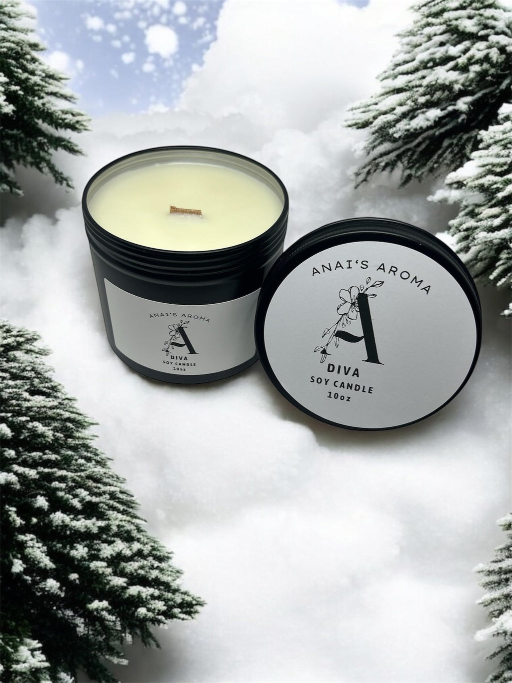 ANAI'S AROMA Diva Scented Candle 10 oz Soy Wax Premium Scent Long Lasting, Odor Eliminating Candle Wood Wick Crackling Wood Candle in Black Metal Tin Jar