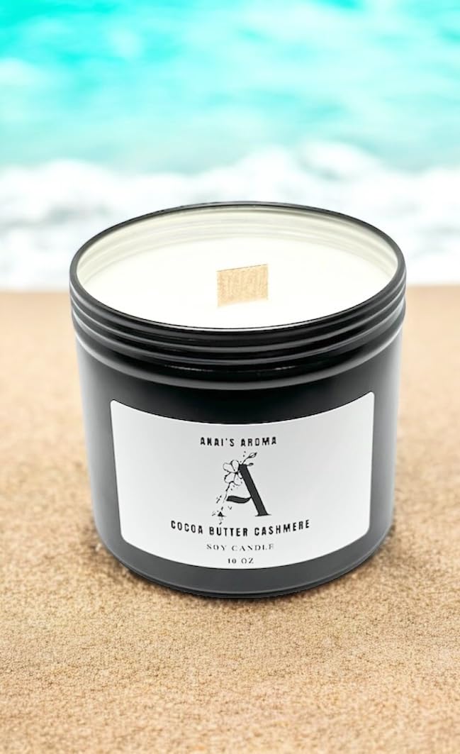 ANAI'S AROMA COCOA BUTTER CASHMERE 10oz Highly Scented Soy Blend Candle, Wooden Wick, Elegant Black Travel Tin Jar, Bold, Highly Scented Candle, Luxury Home Fragrance, Slow Long Lasting Clean Burn