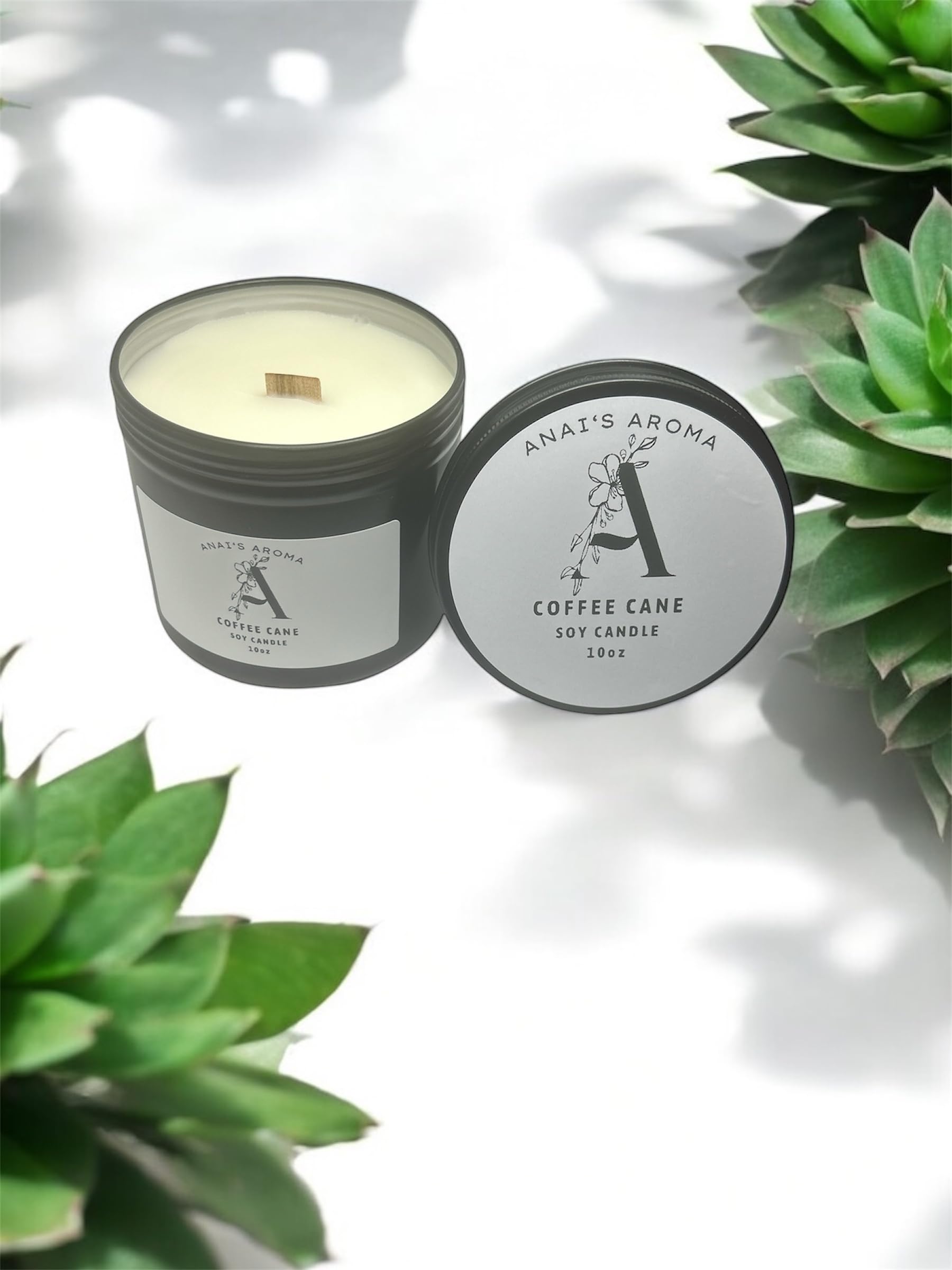 ANAI'S AROMA COFFEE CANE 10oz Soy Candle, Wooden Wick, Elegant Black Travel Tin Jar, Highly Scented Soy Candle, Luxury Home Fragrance, Slow Burn