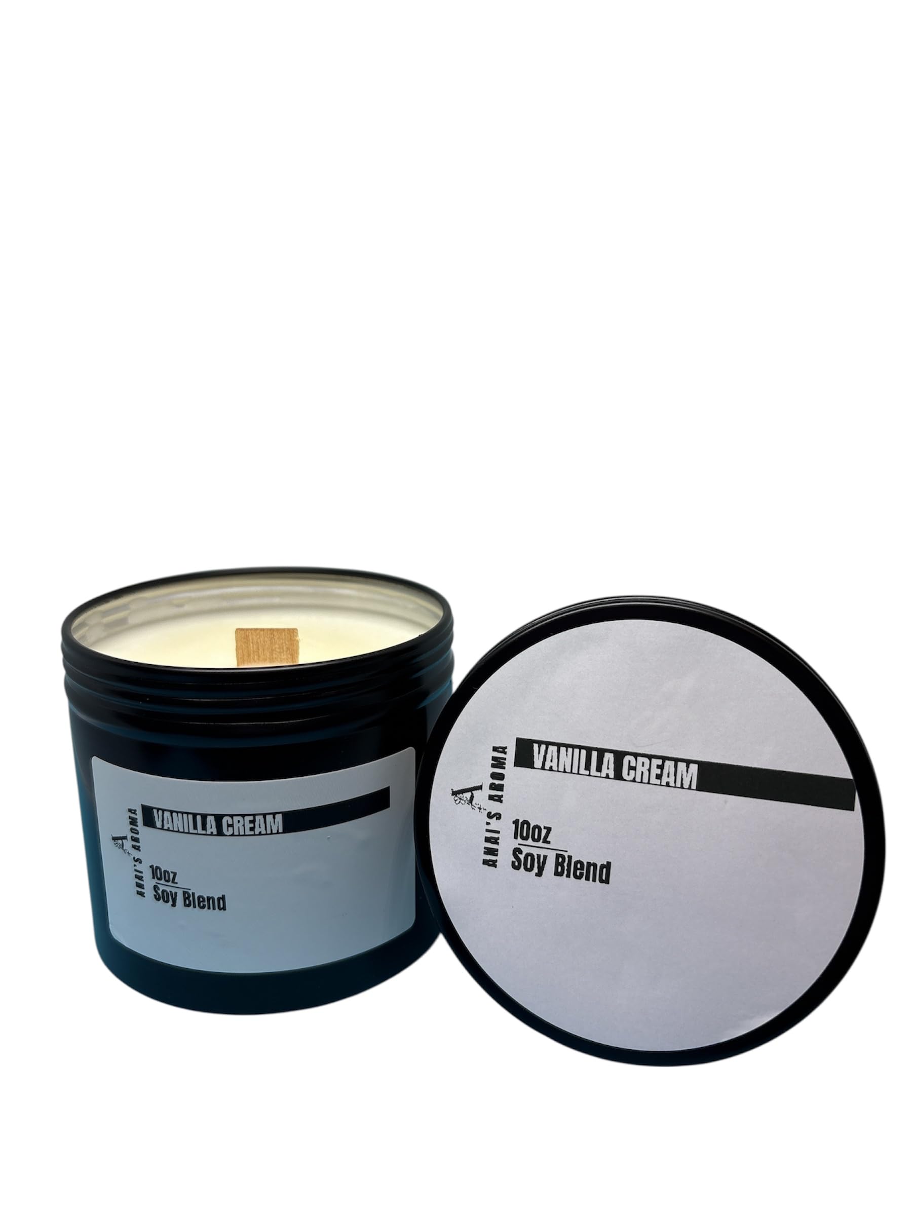 Anai's Aroma Vanilla Cream 10oz Soy Blend Candle Wooden Wick, Elegant Black Travel Tin Jar, Highly Scented Luxury Home Fragrance, Slow Burn