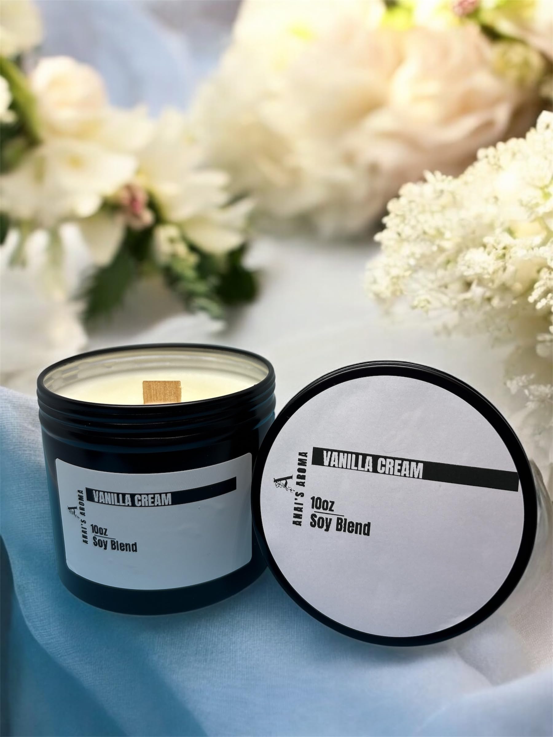 Anai's Aroma Vanilla Cream 10oz Soy Blend Candle Wooden Wick, Elegant Black Travel Tin Jar, Highly Scented Luxury Home Fragrance, Slow Burn