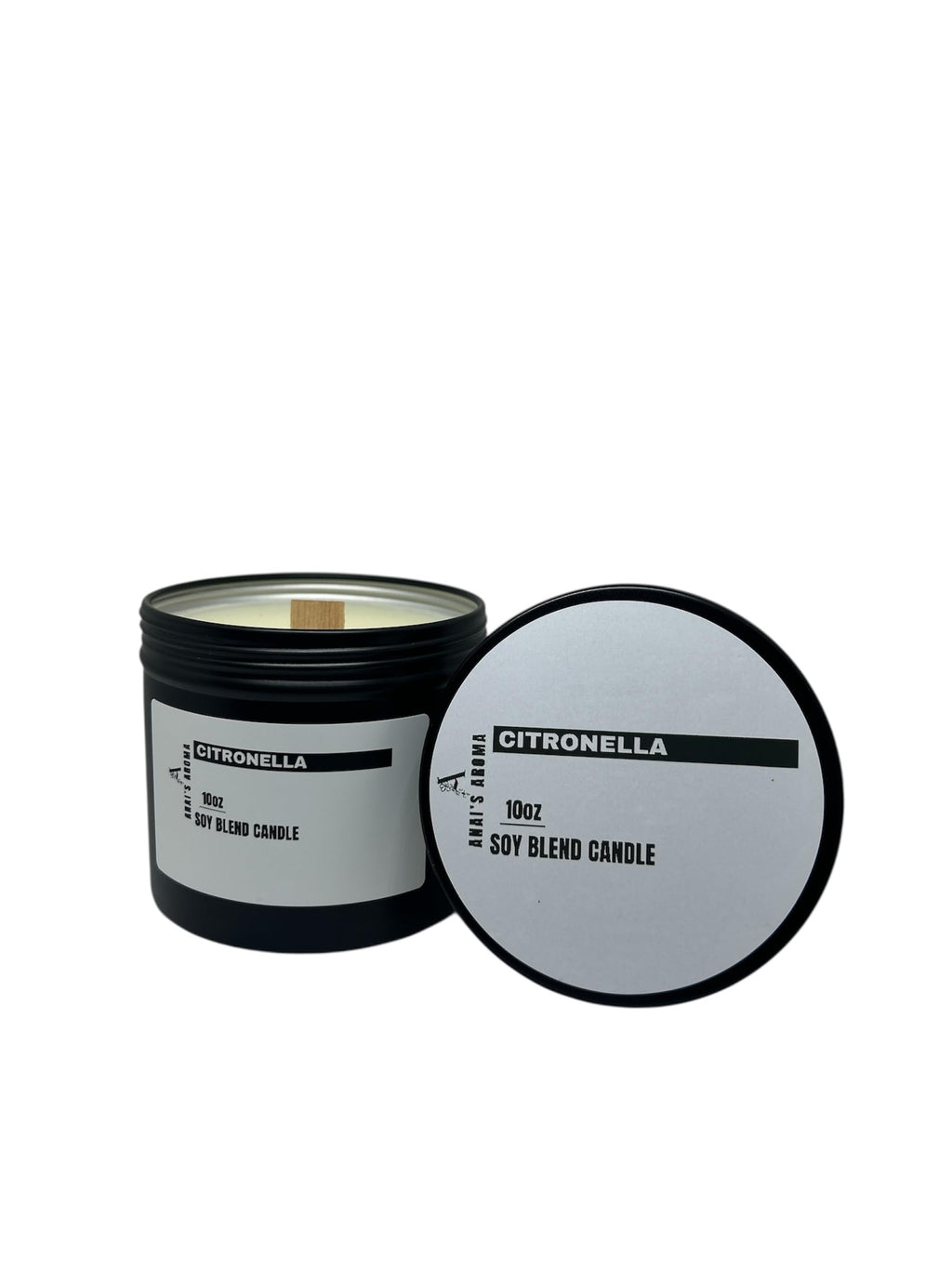 ANAI'S Aroma Citronella Soy Blend Candle, 10oz Wooden Wick Elegant Black Travel Tin, Highly Scented Soy Candle, Luxury Home Fragrance, Slow Burn