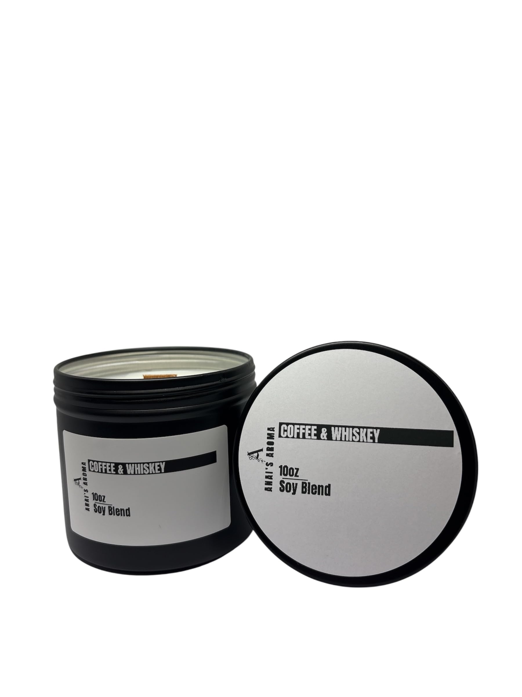 ANAI'S Aroma Coffee & Whiskey 10oz Soy Blend Candle Wooden Wick Elegant Black Travel Tin, Highly Scented Luxury Home Fragrance, Slow Burn