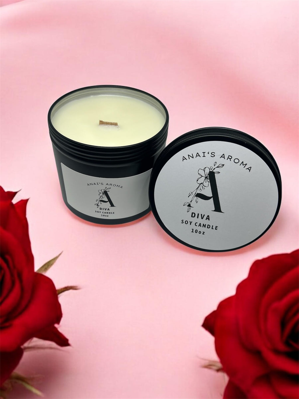 ANAI'S AROMA Diva Scented Candle 10 oz Soy Wax Premium Scent Long Lasting, Odor Eliminating Candle Wood Wick Crackling Wood Candle in Black Metal Tin Jar