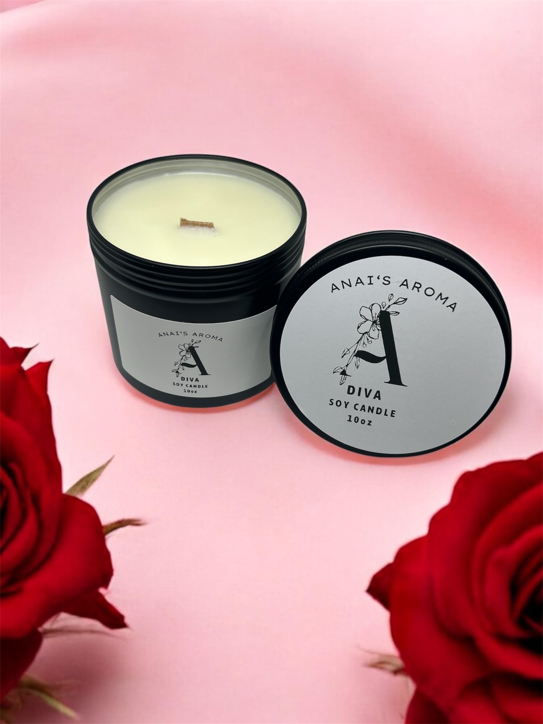 ANAI'S AROMA Diva Scented Candle 10 oz Soy Wax Premium Scent Long Lasting, Odor Eliminating Candle Wood Wick Crackling Wood Candle in Black Metal Tin Jar