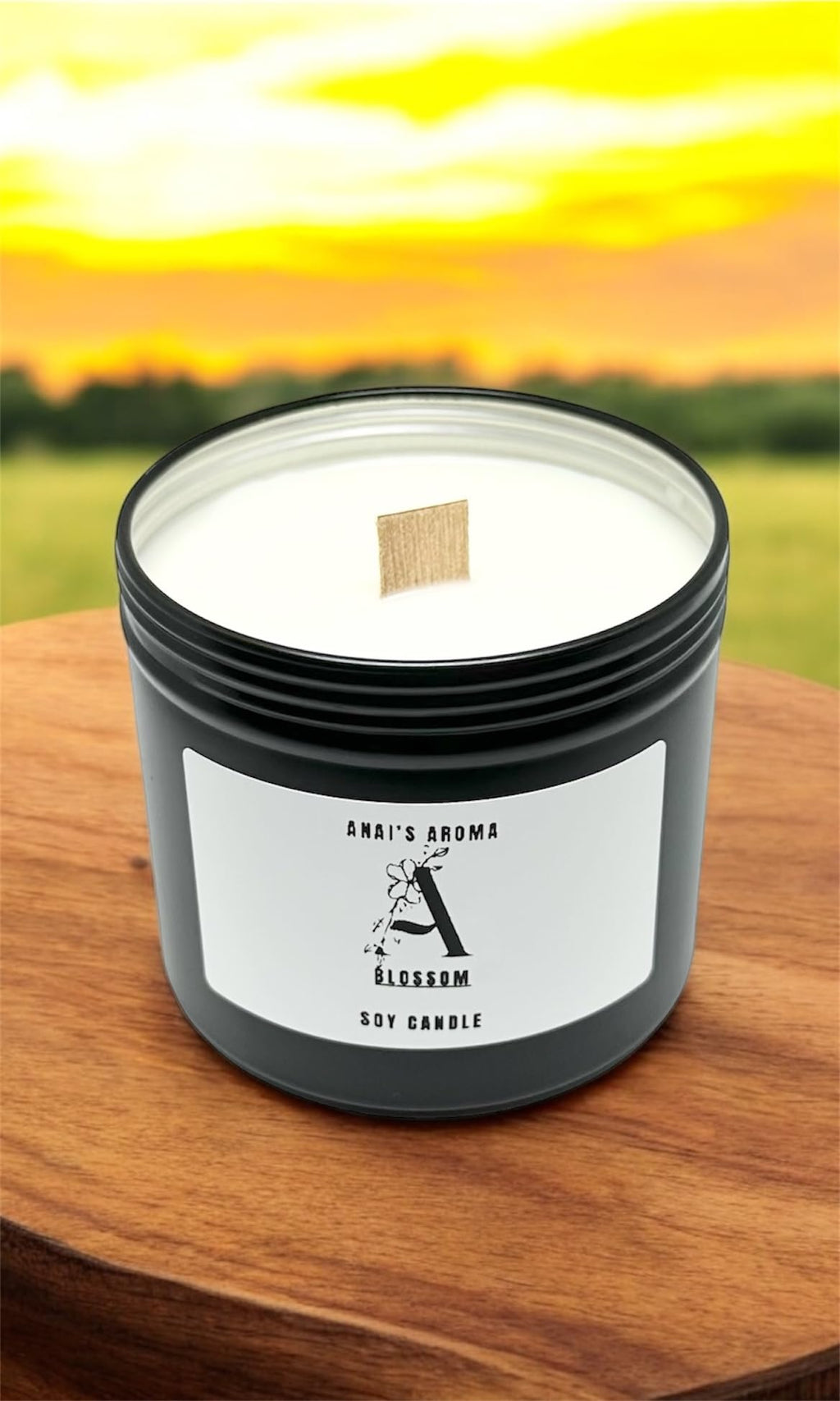 ANAI'S AROMA BLOSSOM 10oz Soy Candle, Floral Fresh Scent, Pure Soy Candle, Wooden Wick, Elegant Black Travel Tin Jar, Highly Scented, Luxury Home Fragrance, Slow Long Lasting Clean Burn