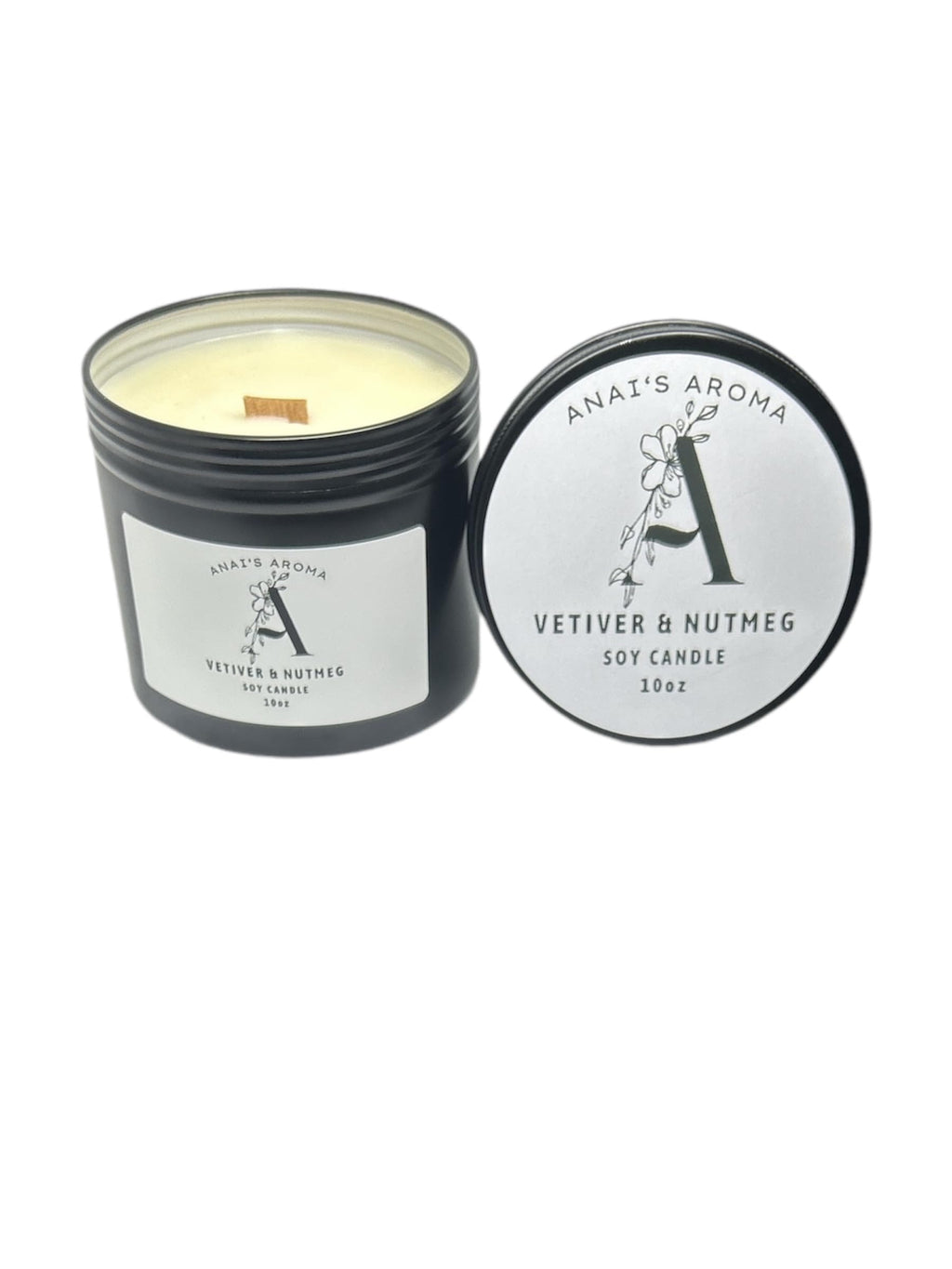 ANAI'S AROMA VETIVER & NUTMEG 10oz Soy Candle, Wooden Wick, Elegant Black Travel Tin Jar, Highly Scented Soy Candle, Luxury Home Fragrance, Slow Burn