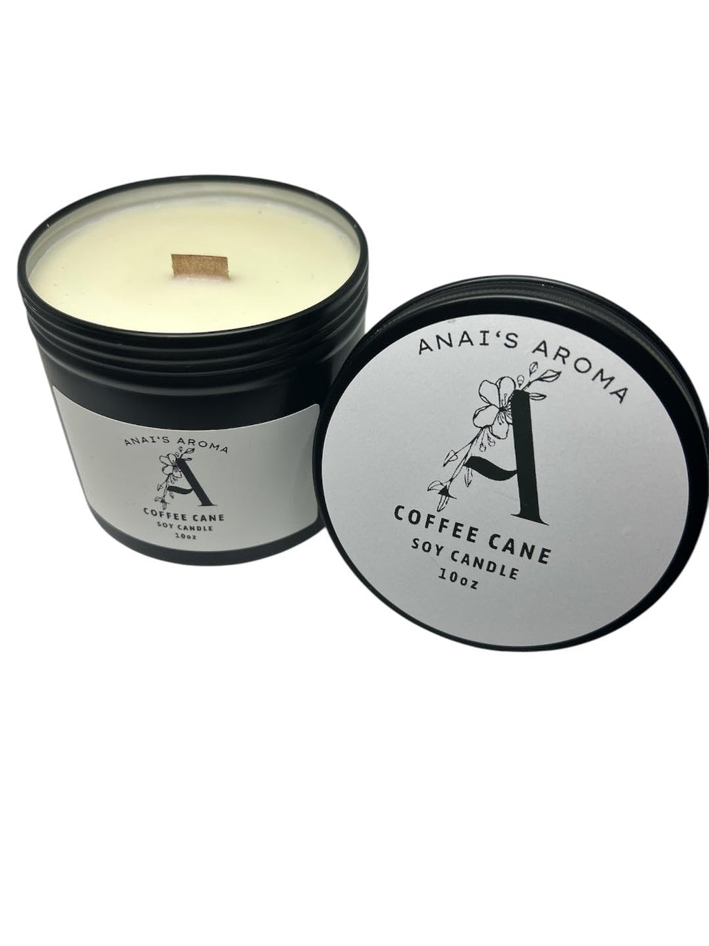 ANAI'S AROMA COFFEE CANE 10oz Soy Candle, Wooden Wick, Elegant Black Travel Tin Jar, Highly Scented Soy Candle, Luxury Home Fragrance, Slow Burn