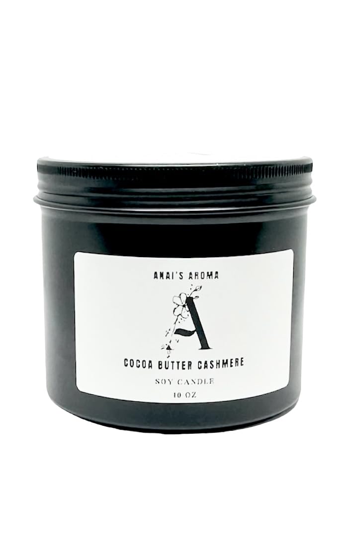 ANAI'S AROMA COCOA BUTTER CASHMERE 10oz Highly Scented Soy Blend Candle, Wooden Wick, Elegant Black Travel Tin Jar, Bold, Highly Scented Candle, Luxury Home Fragrance, Slow Long Lasting Clean Burn