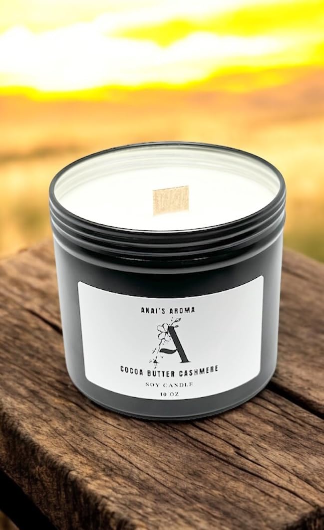 ANAI'S AROMA COCOA BUTTER CASHMERE 10oz Highly Scented Soy Blend Candle, Wooden Wick, Elegant Black Travel Tin Jar, Bold, Highly Scented Candle, Luxury Home Fragrance, Slow Long Lasting Clean Burn
