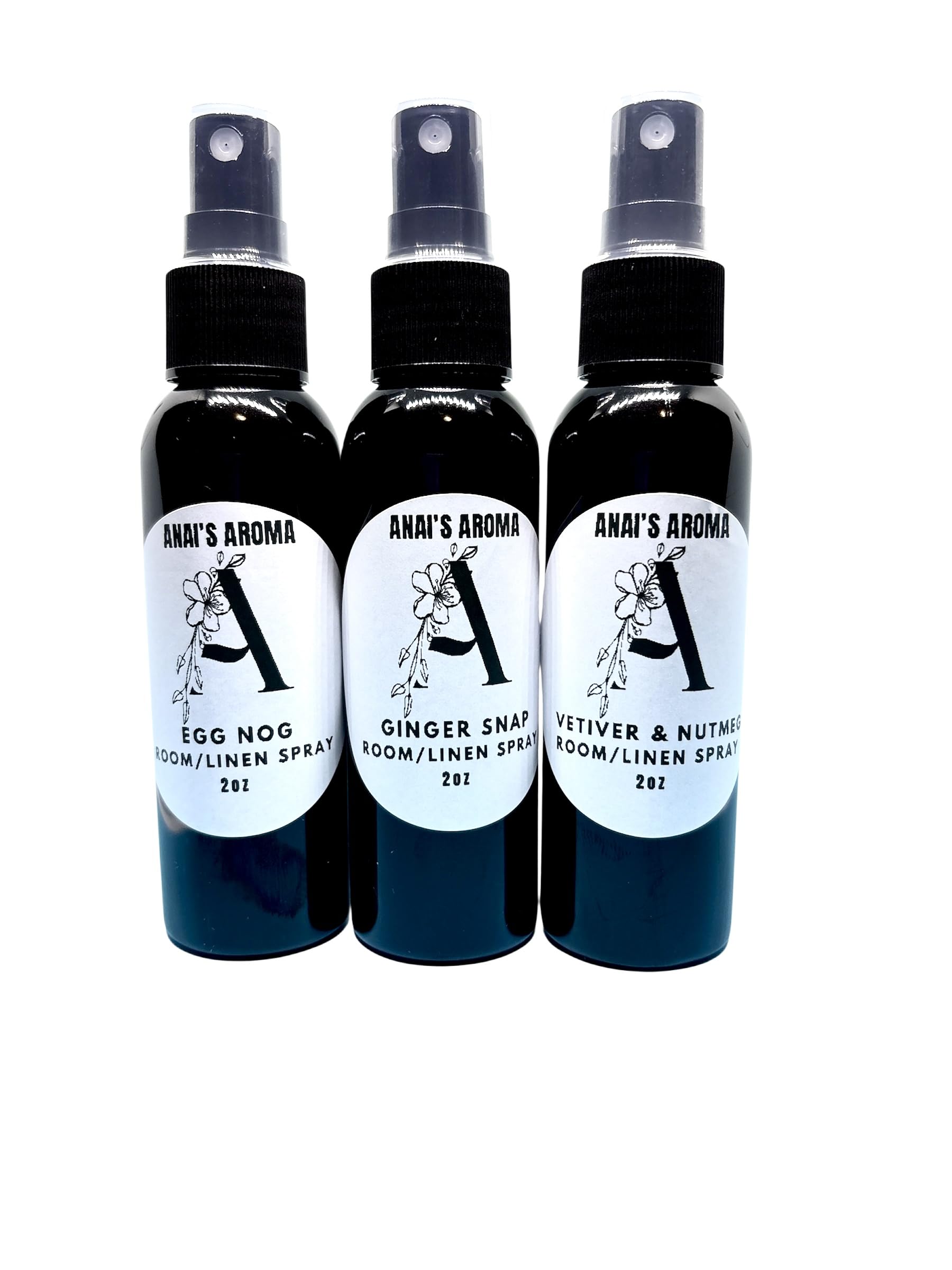 Anai's Aroma (3pack) 2oz Variety Holiday Scents, Egg Nog, Ginger Snap, Vetiver & Nutmeg Room/Linen Spray, Long Lasting Scent, Air Freshener, Refresh Fabric, Car, Restroom, Bedding, Travel Size