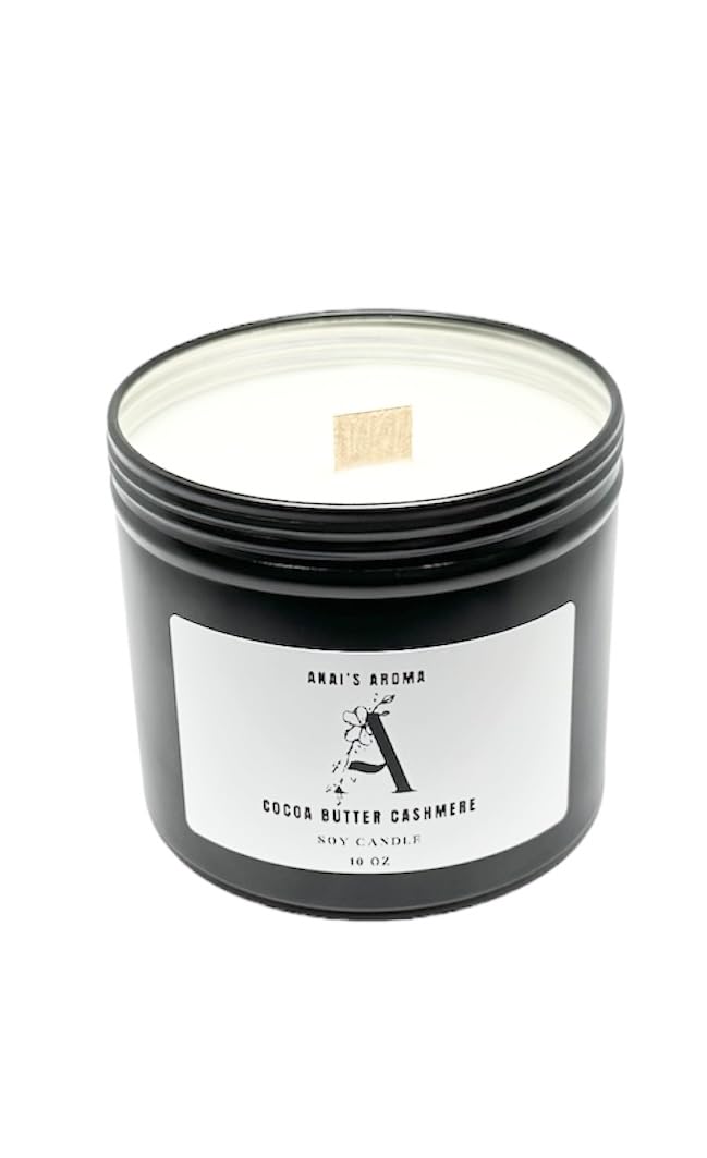ANAI'S AROMA COCOA BUTTER CASHMERE 10oz Highly Scented Soy Blend Candle, Wooden Wick, Elegant Black Travel Tin Jar, Bold, Highly Scented Candle, Luxury Home Fragrance, Slow Long Lasting Clean Burn